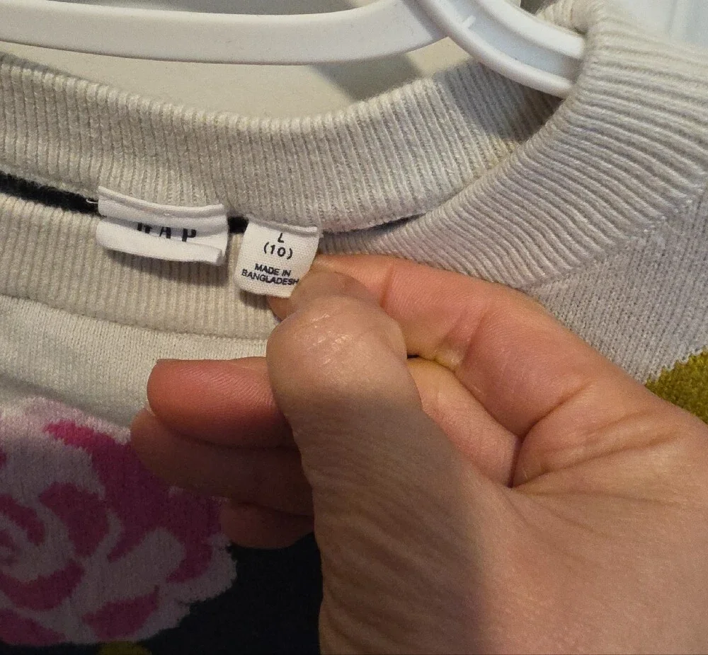 GAP Dark Green Crewneck Sweater with Pink Rose Motif and Cream Yoke